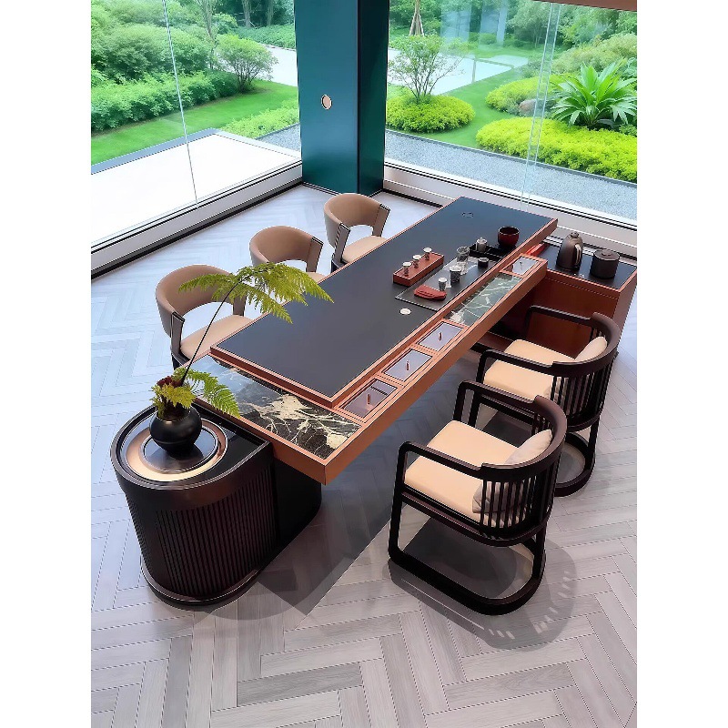New Chinese-Style Solid Wood Tea Table and Chair Set, Modern Minimalist Light Luxury Slate Tea Table, Multifunctional Office Reception Tea Table