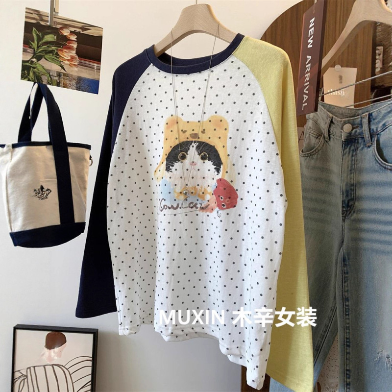 Extra Large Size 150kg Hat Kitten Dot Print Color Block Raglan Long Sleeve Autumn Fashion Korean Style Loose T-Shirt