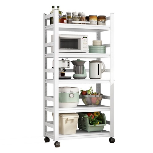 White movable fence style kitchen storage shelf multi-layer household microwave cooking pot rack cabinet storage cabinet