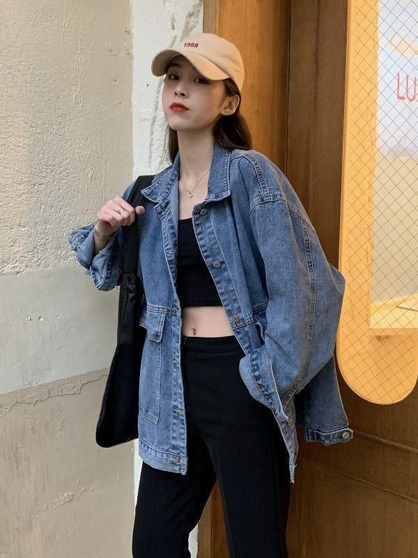 Abrigo de mezclilla para estudiantes mujeres primavera y otoño estilo coreano nuevo abrigo suelto BF versátil Bolsillo grande medio-longitud ropa de trabajo superior