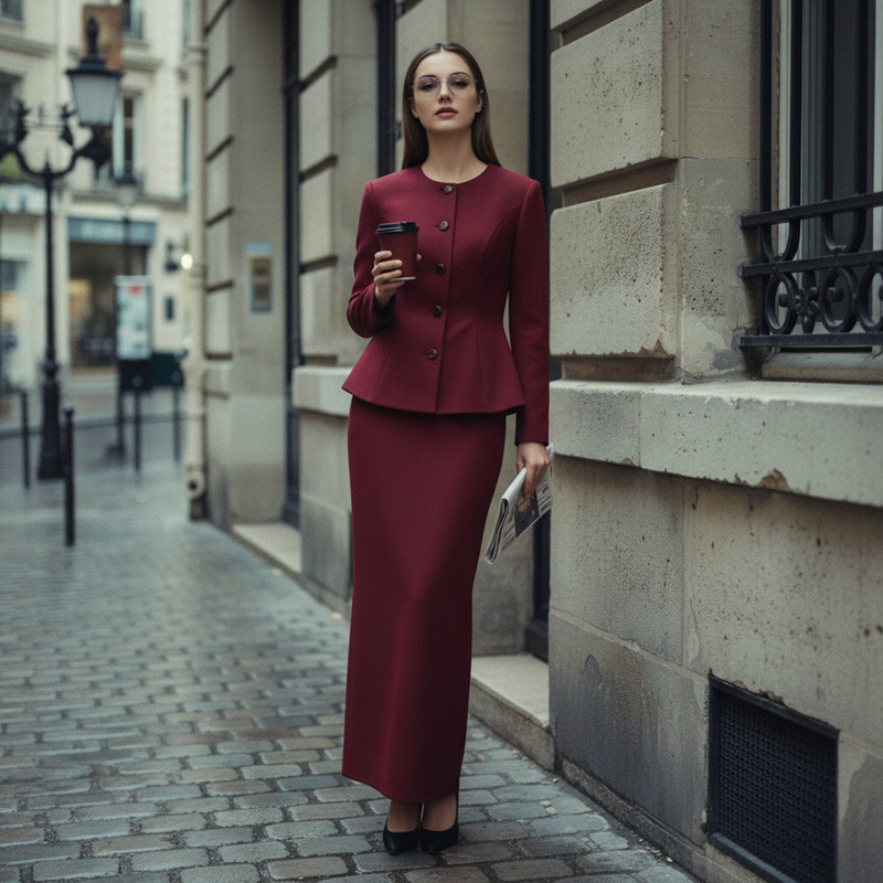 American Retro Red Suit Set for Women, Round Neck, Long Sleeves, Waist-Cinching, Slim-Fit Blazer, Slit Skirt, Two-Piece Set American Retro Red Suit Set for Women, Round Neck, Long Sleeves, Waist-Cinching, Slim-Fit Blazer, Slit Skirt, Two-Piece Set