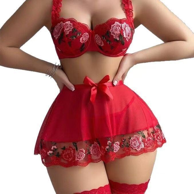 Cross-Border Sheer Erotic Lingerie Sexy Bra Short Skirt Water-Soluble Embroidery Lace Camisole Pajama Set for Women Cross-Border Sheer Erotic Lingerie Sexy Bra Short Skirt Water-Soluble Embroidery Lace Camisole Pajama Set for Women