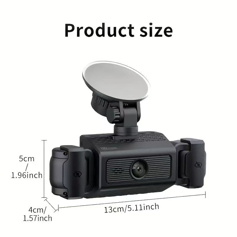 Four-channel dashcam with front, rear, left, and right cameras, featuring high-definition night vision, wide-angle lenses, and integrated parking monitoring