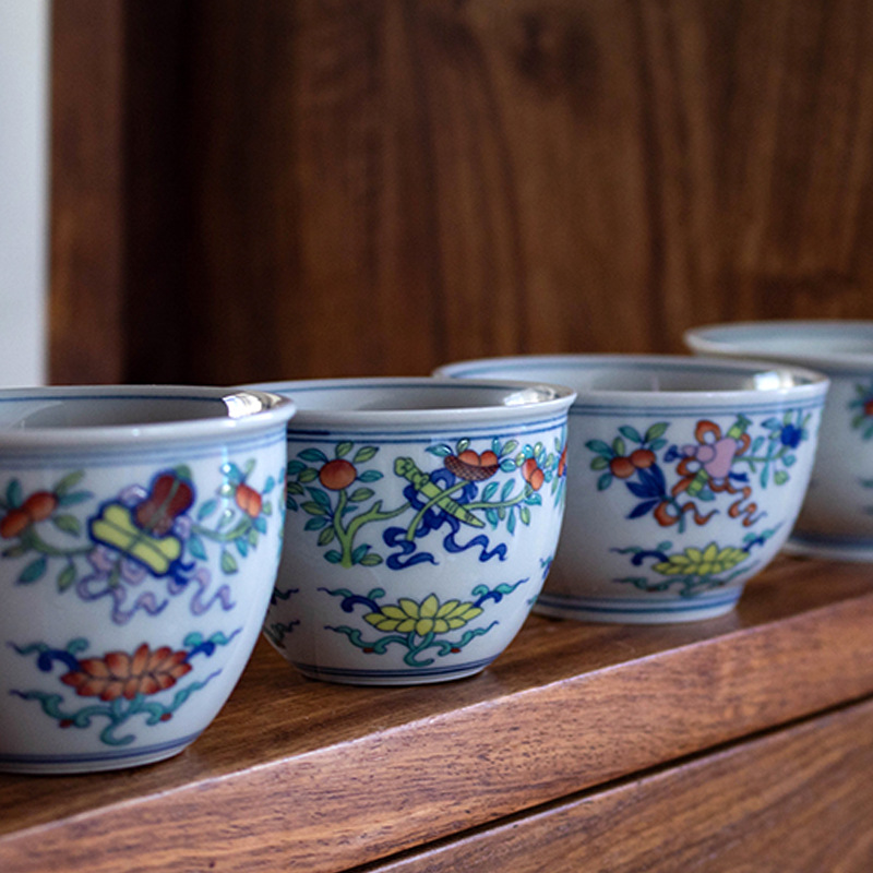 대용량 쿵푸 차 세트 찻잔 세라믹 차 홀더 찻그릇 가정용 단일 차 시음 컵 마스터 컵 파란색과 흰색 도자기 차