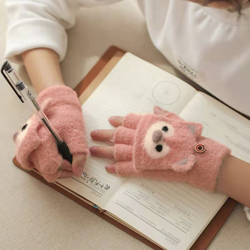  New Student Gloves Winter Warm Thicken Unisex Kids Knit Cute Flip Cover Two-in-One Half Finger Gloves