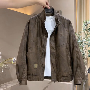 Spring and Autumn New American Style Retro Vertical Collar Biker Clothing Leather Jacket Men's Trendy Brand Pluton Handsome Aviator Leather Jacket