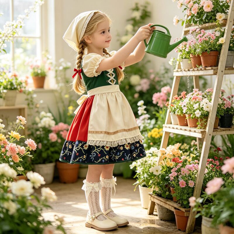 German Oktoberfest Girls' Traditional Costumes, Pastoral Style Floral Dirndl Dress, Stage Performance Outfit