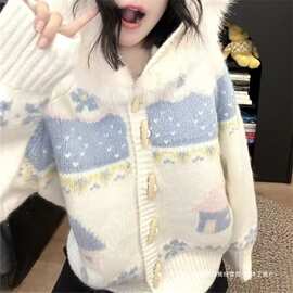 跨境2025甜美日系温柔秋冬针织开衫撞色提花上衣宽松加厚慵懒风外