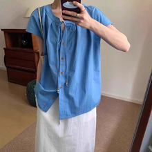 韩系系带圆领小飞袖衬衫女夏季蓝色短袖衬衣设计感宽松娃娃衫上衣