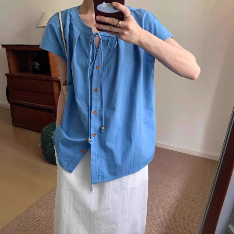Korean-Style Lace-Up Round-Neck Short-Sleeve Shirt for Women, Summer Blue Short-Sleeve Blouse with a Loose Design and Babydoll Style Top