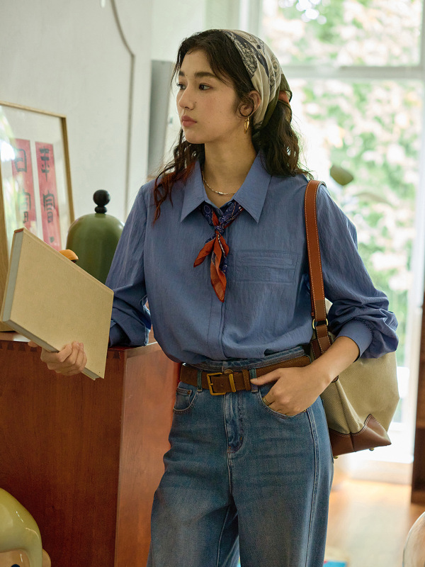 solighter 法式复古莱赛尔蓝色长袖衬衫女秋季2025新款宽松上衣|undefined