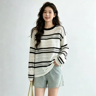 实拍大码条纹插肩袖冰丝防晒罩衫女早秋胖宽松长袖恤打底衫