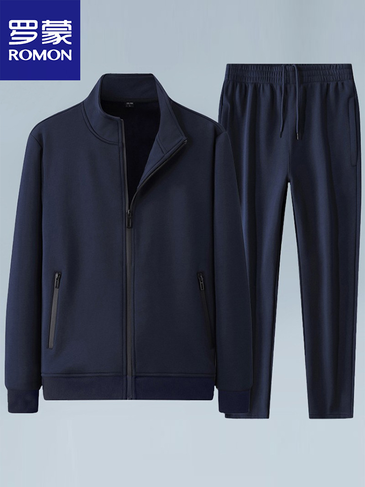 Romon Cotton Casual Suit Men's Spring and Autum Stand-Up Collar Cardigan Sweatshirt Jacket Wool Lining Middle-Aged Sportswear