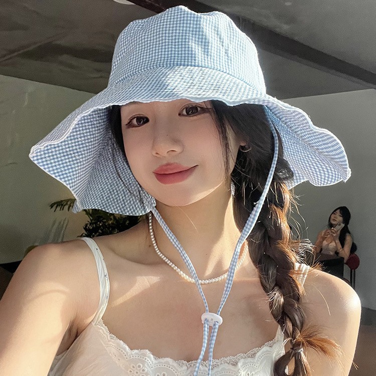 Korean-style Ins Small Checkered Large Brim Sun Protection Fisherman Hat For Women, Spring And Summer Casual Hiking Hat,_voghion.com