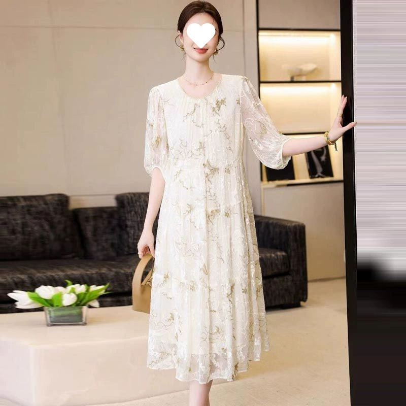 Шёлковое платье из Ханчжоу, большой бренд, 2025 года, новое, элегантное, вышитое, летнее, из тутового шёлка, свободного кроя, больших размеров.