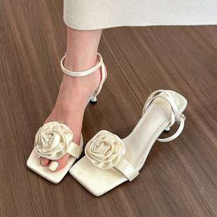 Fairy Style Stiletto Sandals 2025 Summer New Fashion Flower Square Toe Strap with Skirt High Heels for Women