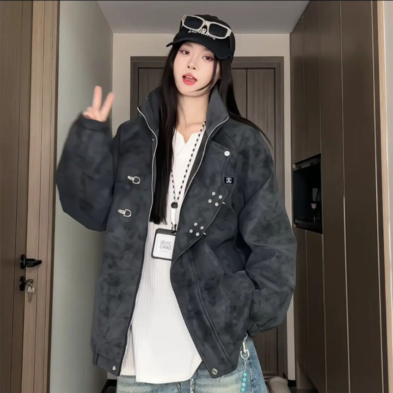 美式复古扎染皮衣夹克男高级感痞帅新中式外套短款立领春秋棒球服|undefined