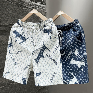 Cross-Border European Station Summer New Men's Beach Shorts Letter Elastic Drawstring Trendy Brand Printed Casual Shorts