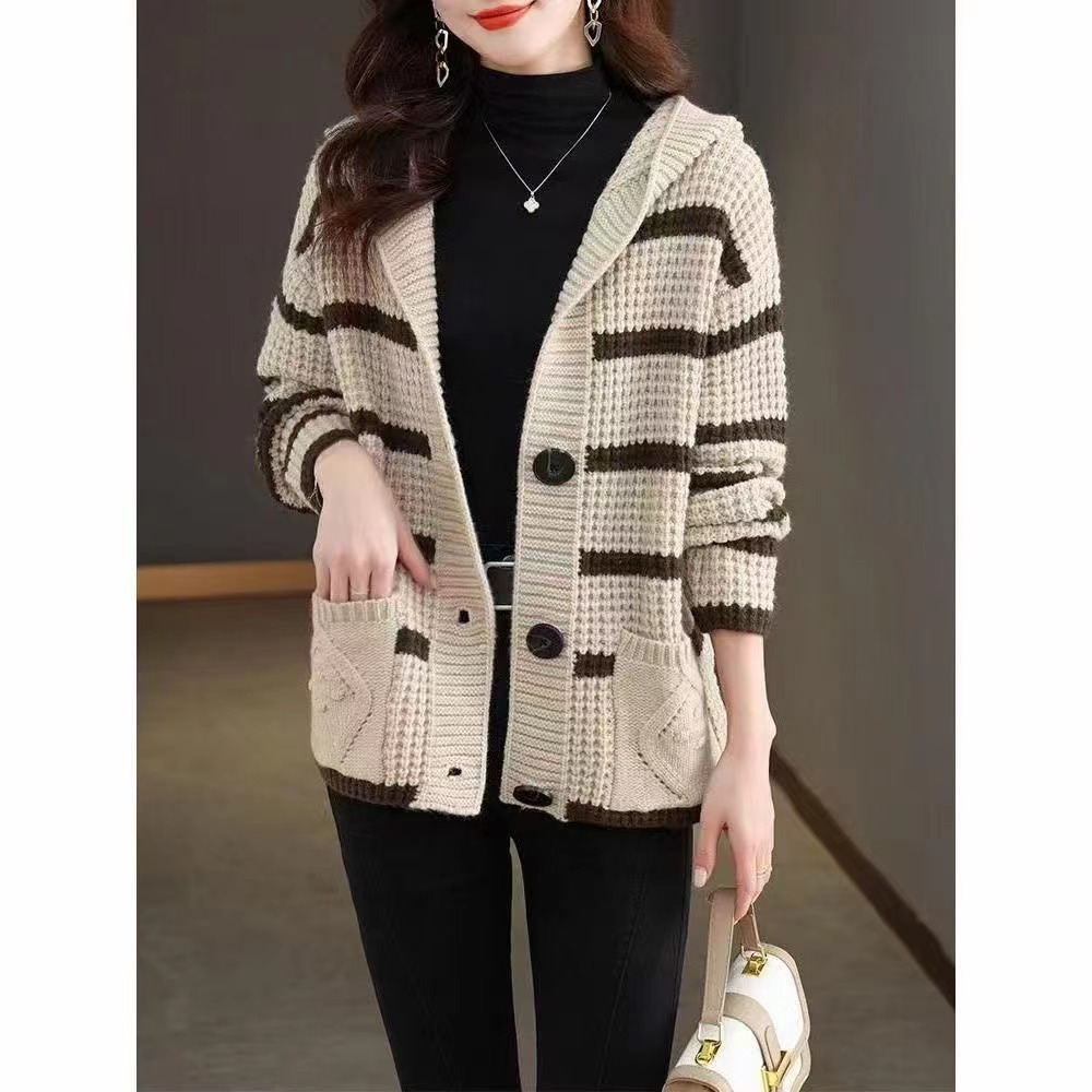 Striped Hooded Sweater Jacket for Women 2024 Spring and Autumn New Style Loose Hooded Knitted Cardigan Spring and Autumn Loose