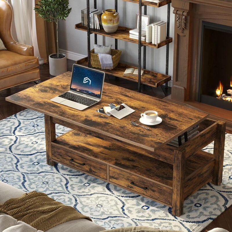 Farmhouse Style Simple Coffee Table with Adjustable Table Contains Hidden Space Coffee Table with Drawers and Convenient Storage in Multiple Spaces