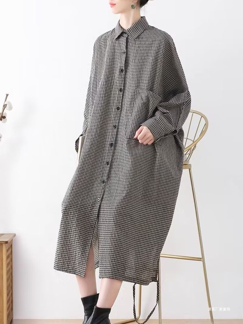 捡漏~专柜尾货宽松大码长款条纹衬衫女装长袖文艺复古衬衫裙