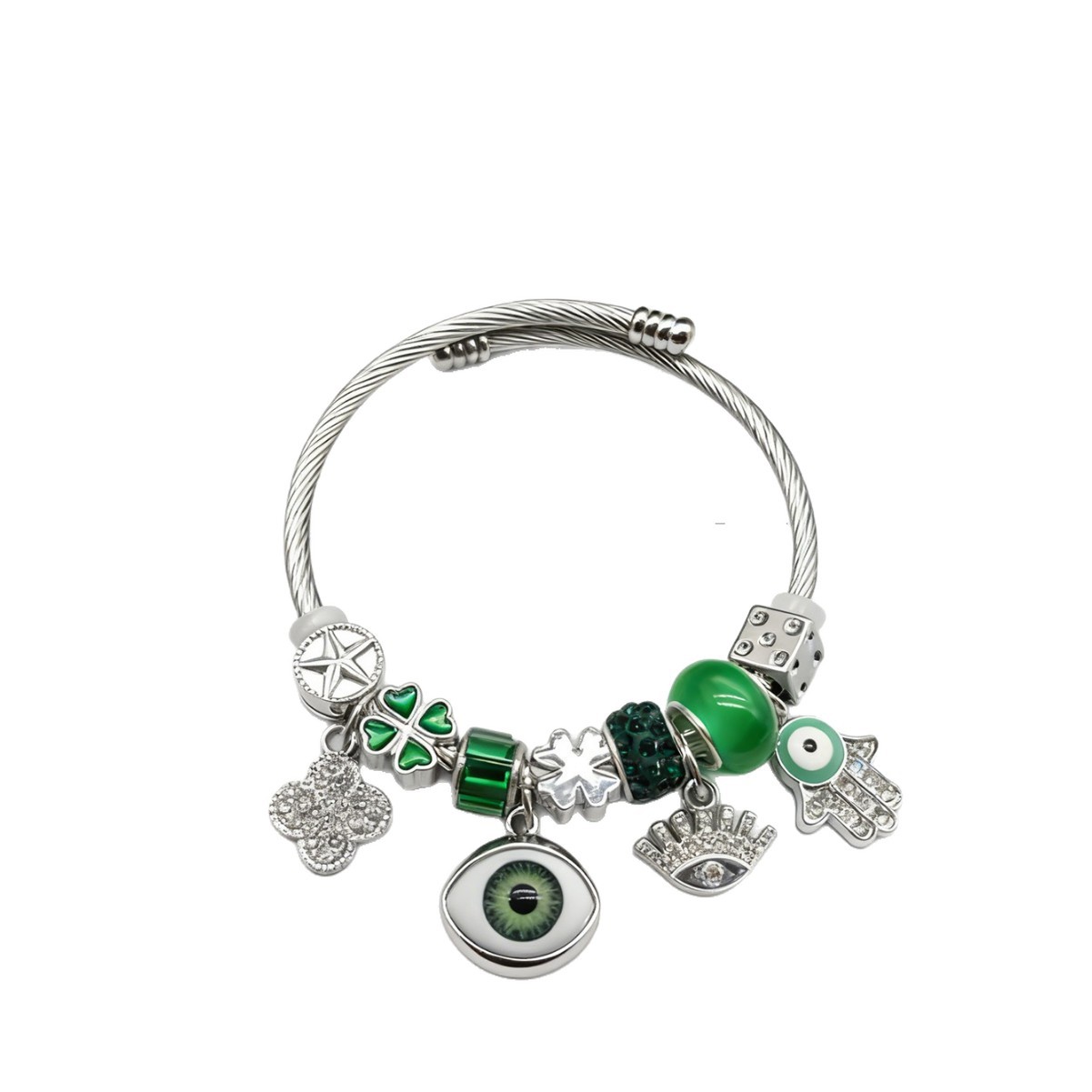 Brote transfronteriza Pan familia pulsera de acero inoxidable diamante rosa ojo del diablo mano de Dios joyas de color de hierba de cuatro hojas image 6