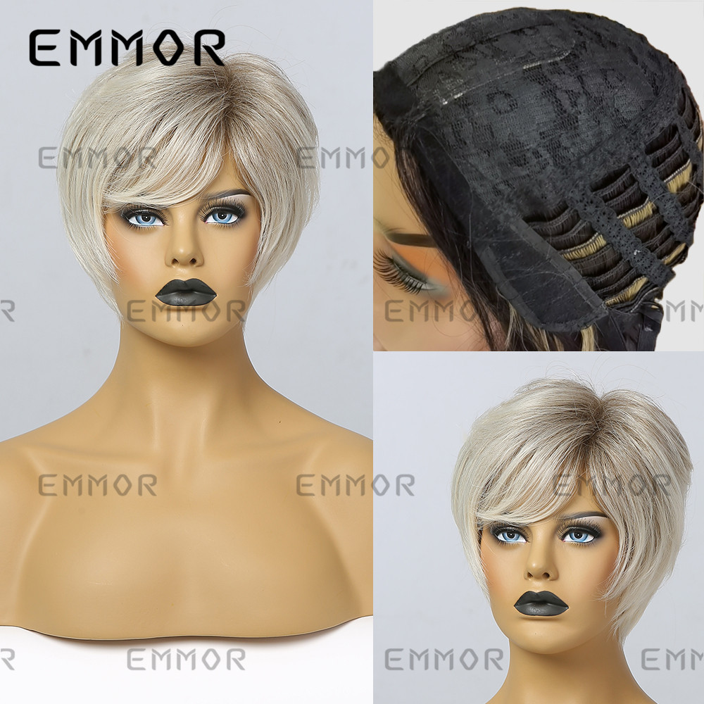Emmor europeo y americano Amazon abuela Pelo Corto Peluca de las mujeres gradiente oro fibra química pelo flequillo micro volumen
