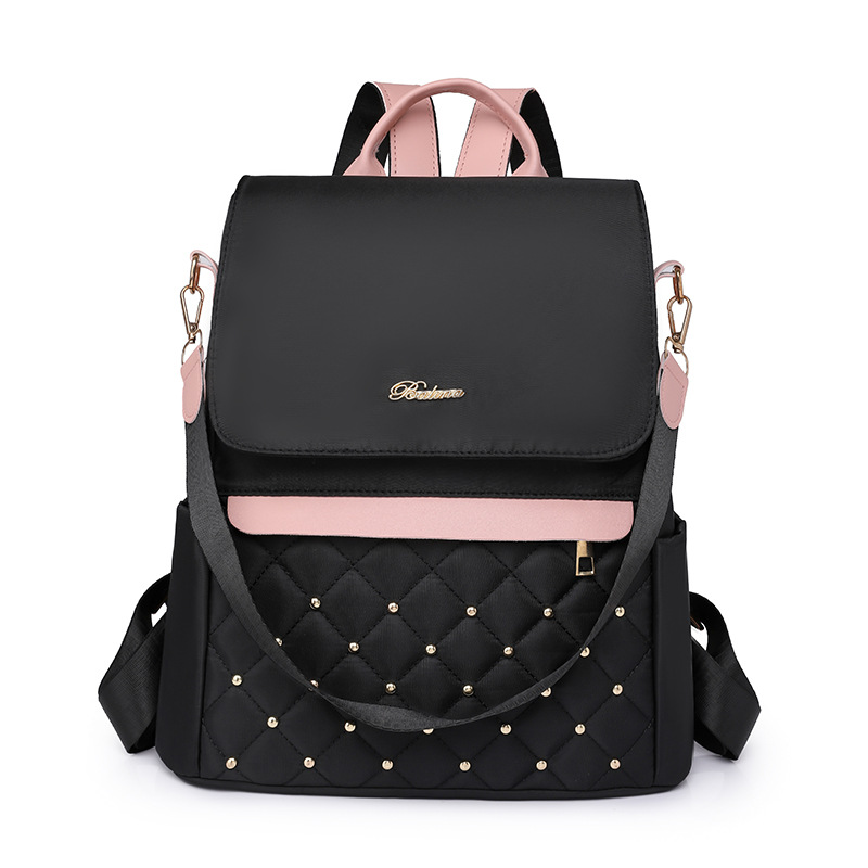 Venta al por mayor transfronteriza 2023 nueva mochila antirrobo de nailon para mujer coreana moda contraste color rombo mochila de doble uso marea