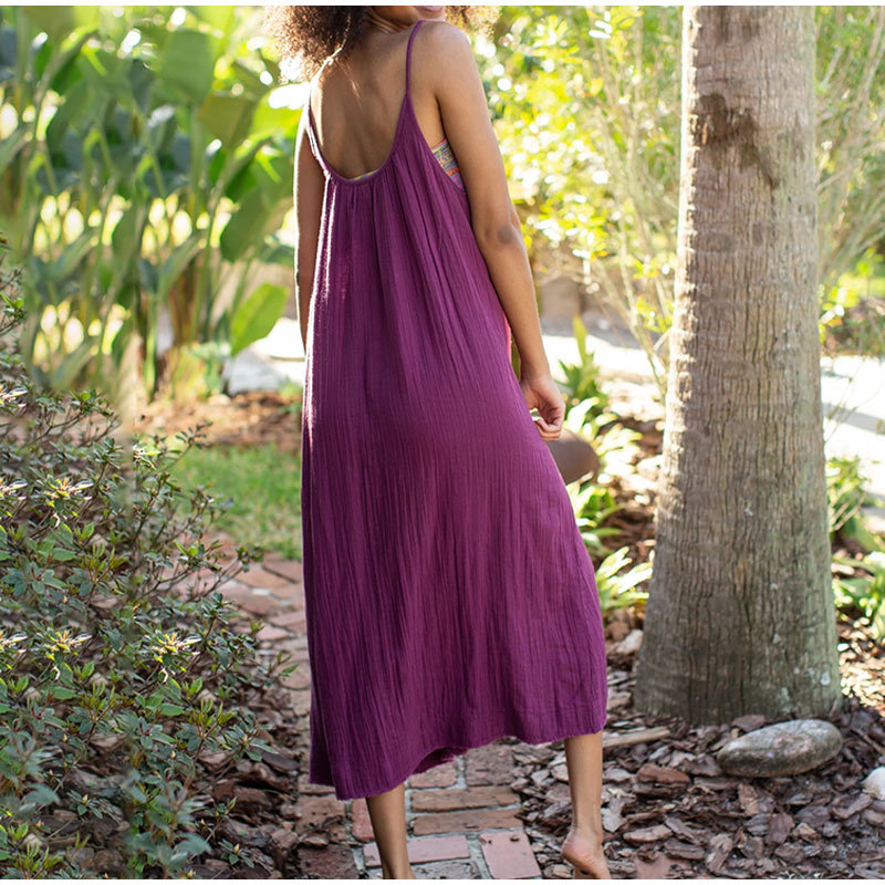 Cotton Casual Cami Dress Summer Vacation Women Maxi Dress Loose Solid Color Backless Double Layer Gauze Sleeveless Dress