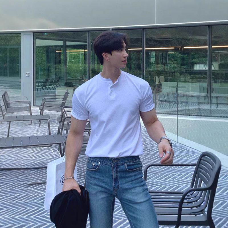 American Henry Collar T-shirt Muscle Men Tough Man Style Slim-fit Short-sleeve Half-open Button Placket Collar Henry Shirt Cotton Breathable American Henry Collar T-shirt Muscle Men Tough Man Style Slim-fit Short-sleeve Half-open Button Placket Collar Henry Shirt Cotton Breathable
