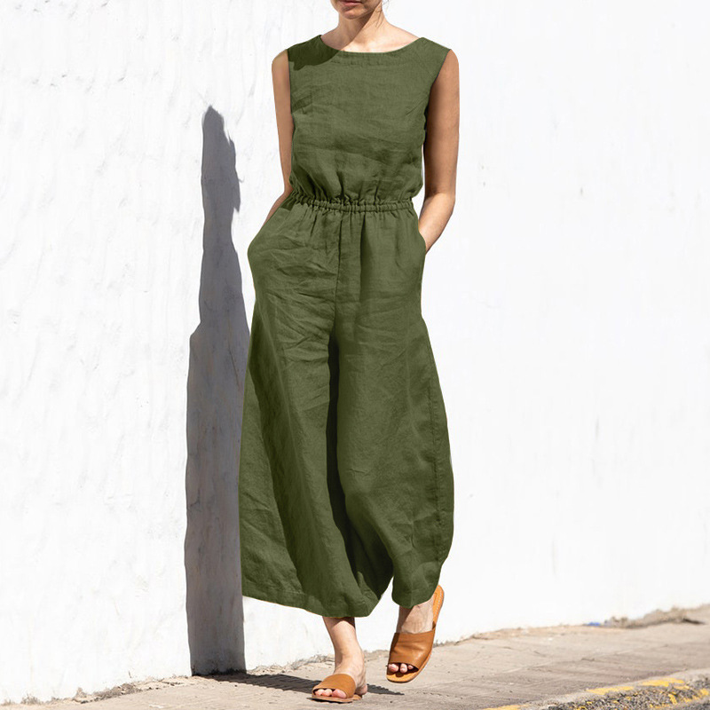 Cotton And Linen Jumpsuit Women Solid Color Sleeveless Pocket High Waist Wide Legs Jumpsuits Casual Commuting Ladies Bodysuits_voghion.com