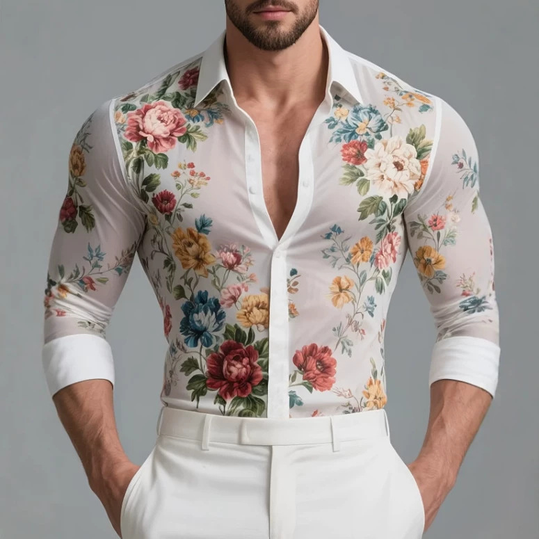 European and American Style Men's Floral Print Long-Sleeved Shirt Slim Fit Lapel Thin Vacation Shirt Men's Long-Sleeved Shirt European and American Style Men's Floral Print Long-Sleeved Shirt Slim Fit Lapel Thin Vacation Shirt Men's Long-Sleeved Shirt