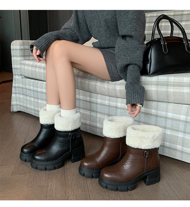 Boot tuyết nữ da thật cổ ngắn lót lông cừu, đế dày khóa thắt lưng gót vuông — màu nâu chi tiết 17