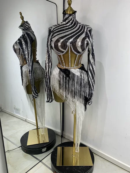 Foreign Trade Cross-Border New Sequin Striped Tassel Irregular Nightclub Bar Two-Piece Dance Performance Suit Skirt