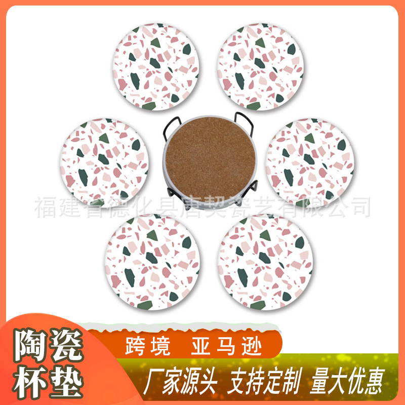 跨境厂家批发水磨石圆形陶瓷软木隔热垫 家用餐垫创意杯垫 可LOGO