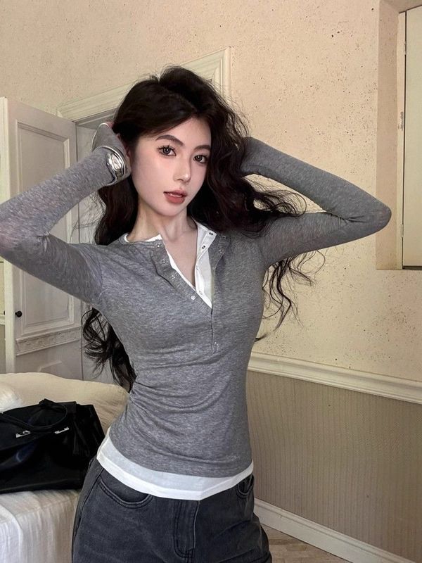 美式复古撞色假两件拼接长袖T恤女秋季修身显瘦打底衫气质上衣|undefined