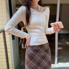 纯欲风绑带修身长袖针织衫女秋季2025新款不规则v领显瘦辣妹上衣