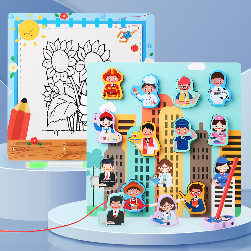 Tablero a juego multifuncional de doble cara de madera para niños Tablero de dibujo de cuerda con cuentas de la cognición del carácter de los niños educación temprana juguetes educativos