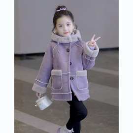 女童外套冬季2024新款韩版儿童大衣加绒仿皮中大童女孩洋气冬装