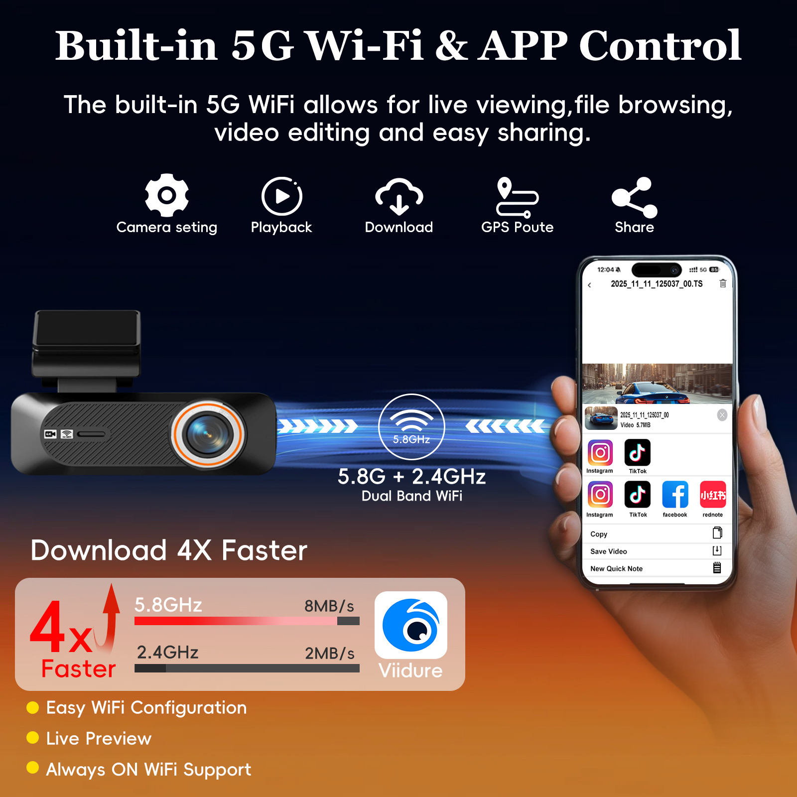 New Cross-Border 4K High-Definition Night Vision Dual-Lens Wifi Front and Rear Dual Recording 24-Hour Parking Monitoring Car Dashcam
