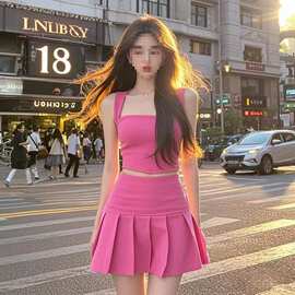 上衣女+半身裙套装 玫红色吊带背心气质辣妹短款小个子套装裙纯色