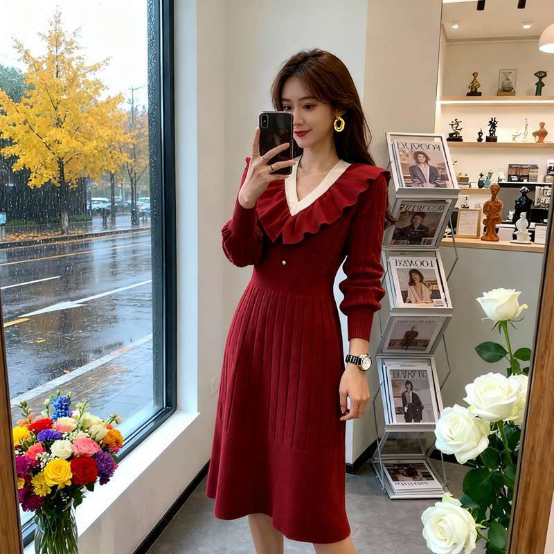 Korean Christmas and New Year Clothing, Party Dress, Long Dress, Engagement Return Dress, Red Knitted Sweater Dress for Women