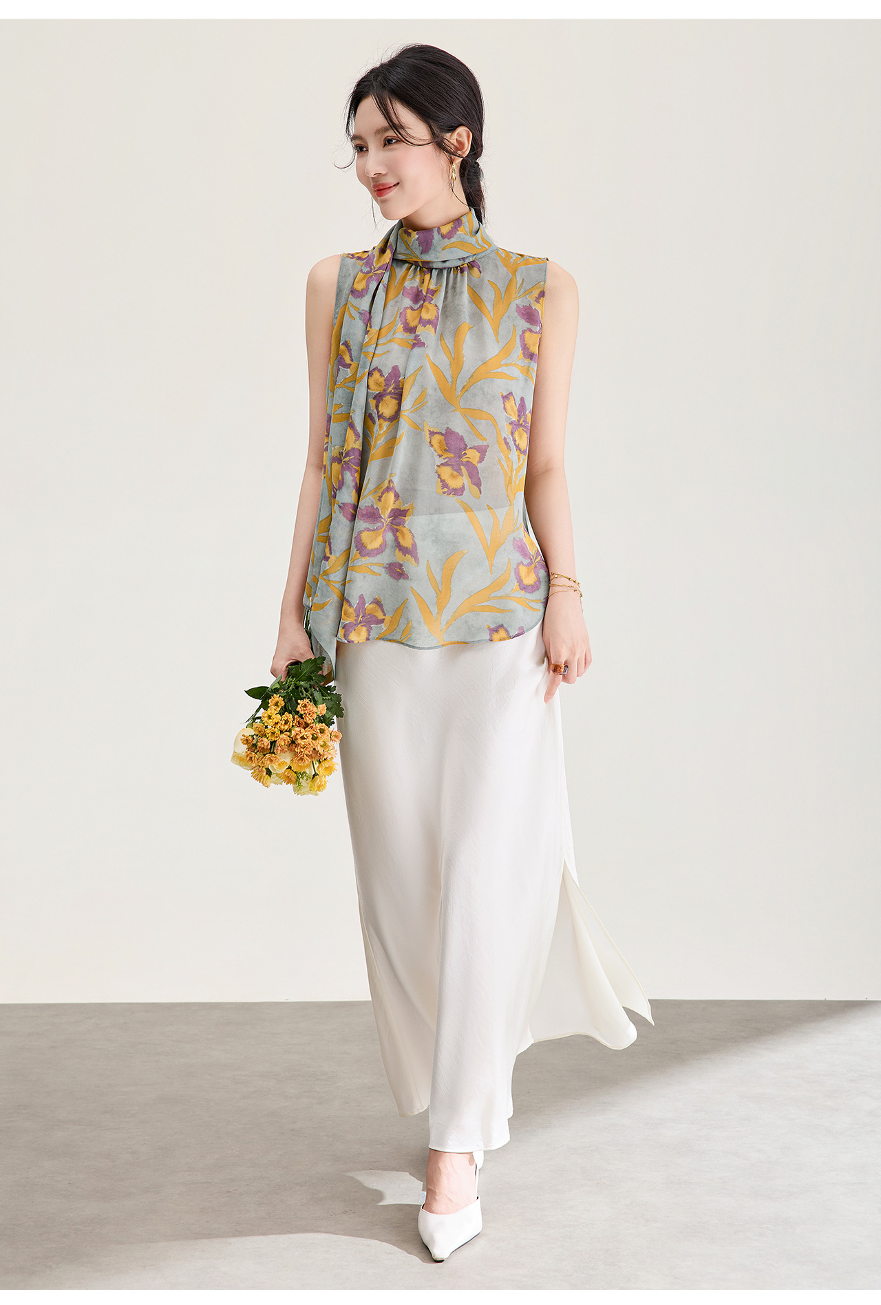 Áo hai dây nữ chất liệu chiffon in hoa, phối dây lụa, phong cách thanh lịch mùa hè — màu xám chi tiết 22