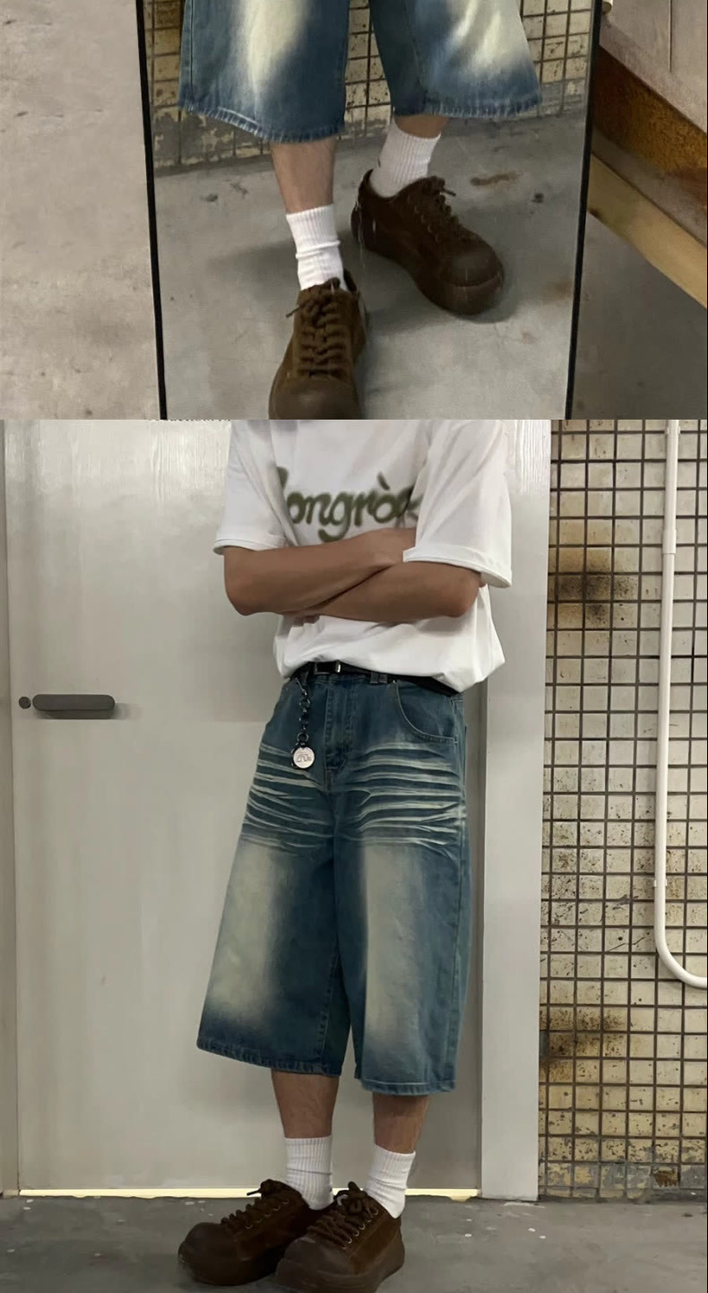 Men's Vintage Washed Blue Distressed Denim Shorts Loose Fit Streetwear Style Cargo Pants with Multi-Pockets_mkmklike.com