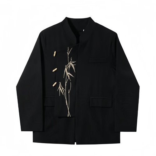 Modern Chinese Men's Wedding Guest Suit Leisure Suit Set with Chinese Style Stand-up Collar, Gold Bamboo Embroidery Zhongshan Suit and Suit for Men