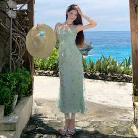 现货高品质海边度假绿色连衣裙女夏立体碎花绝美雪纺吊带裙长裙女