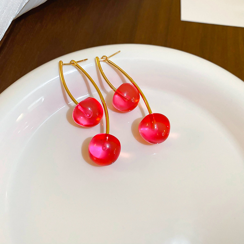 11g Weight 925 Sterling Silver Ear Needle Material Drop Earrings Classification 1 Pair Quantity Holiday, Daily Occasion Resin, Copper Material Cherry Pattern Women's Gender Cute, Sweet Style 1 Pair Cute Sweet Cherry Resin Copper Drop Earrings 7
