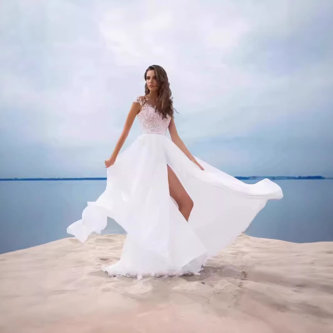 2024 New European and American Amazon Lace Chiffon Dress Prom White Evening Dress Slit Large Hem Skirt
