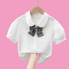 外贸童装女童夏季短袖衬衫2025夏装儿童纯棉白色娃娃领上衣衬衣