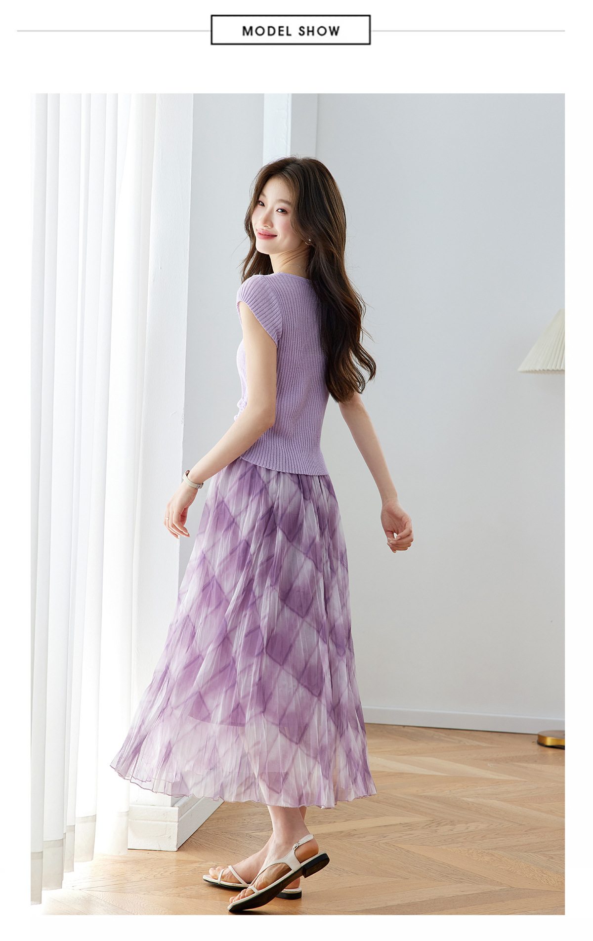 Bộ áo thun kẻ sọc phối chân váy midi hai mảnh nữ tính — màu tím chi tiết 11